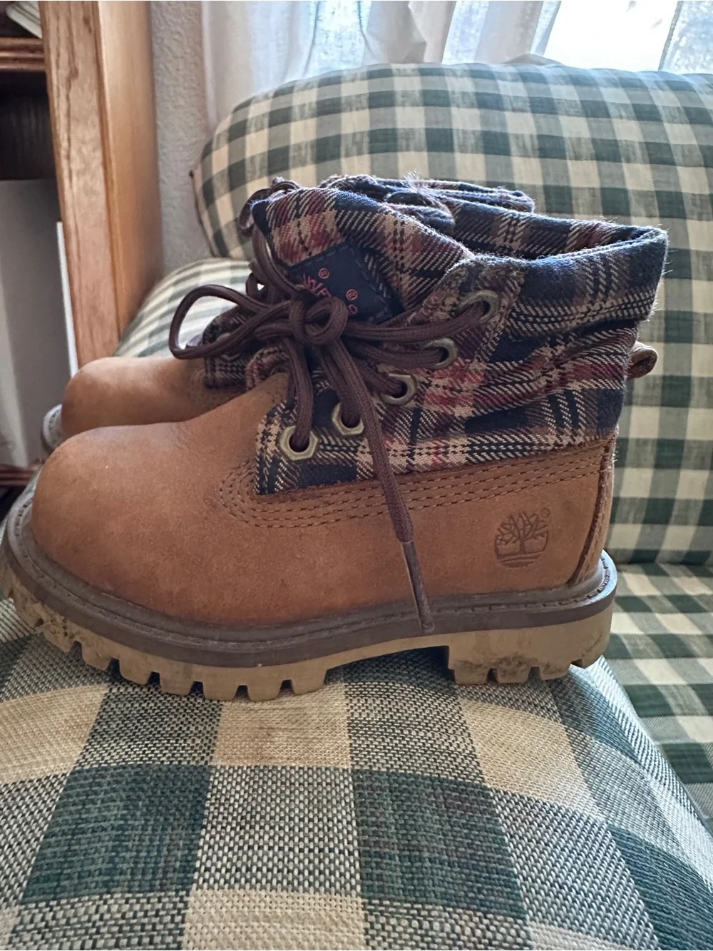 Timberland Toddler Brown Suede Plaid Collar Lace-Up Boots